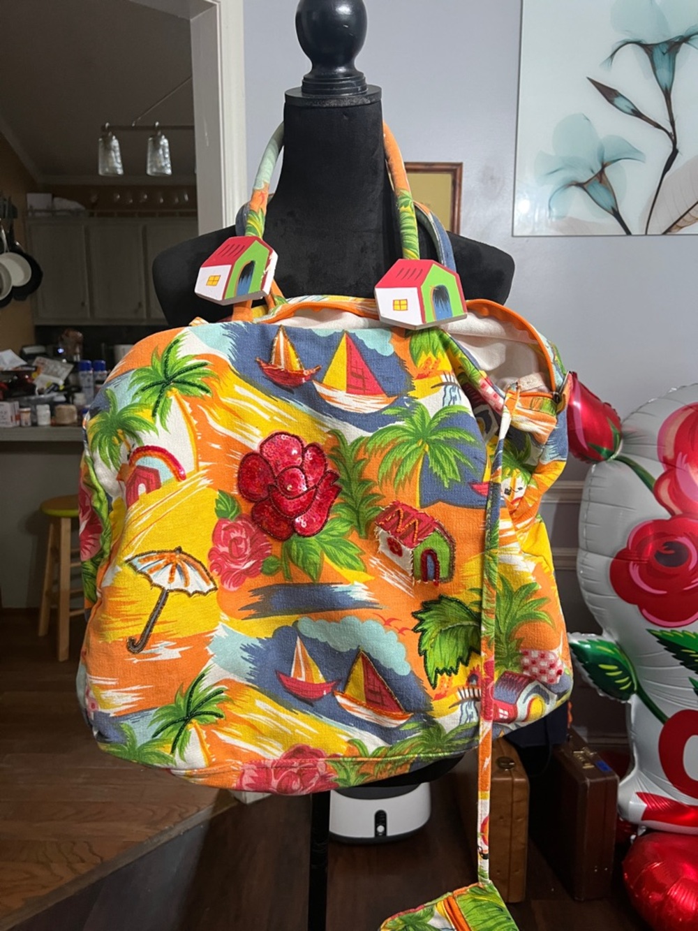 Vibrant Orange Tropical Canvas Tote with Embellished Flower
